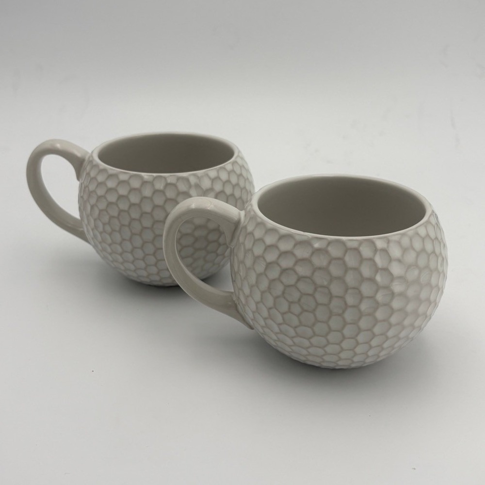 Pottery Barn Golf Ball Mugs Set of 2 White Textured Ceramic Dimple Coffee Cups